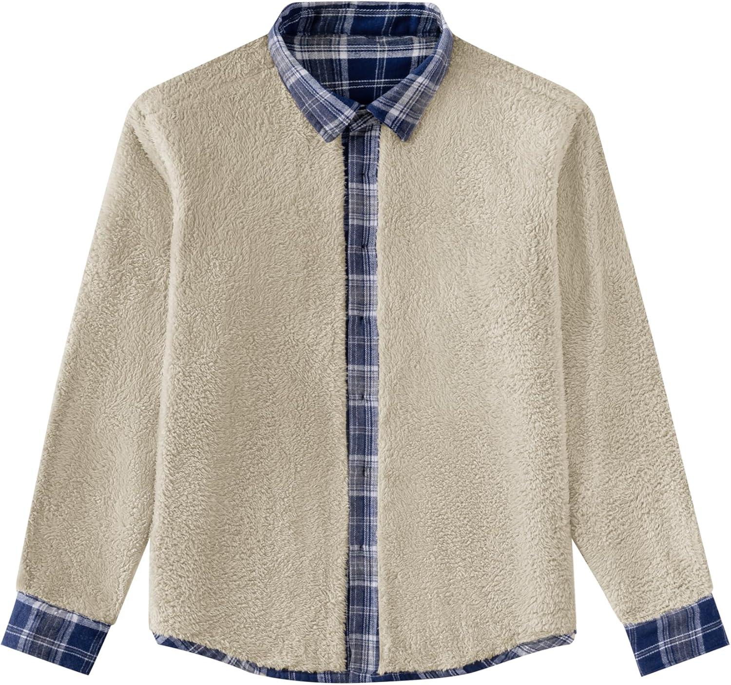 imageCOOFANDY Mens Sherpa Lined Flannel Shirt Jacket Long Sleeve Button Up Fleece Plaid ShirtsDark Blue