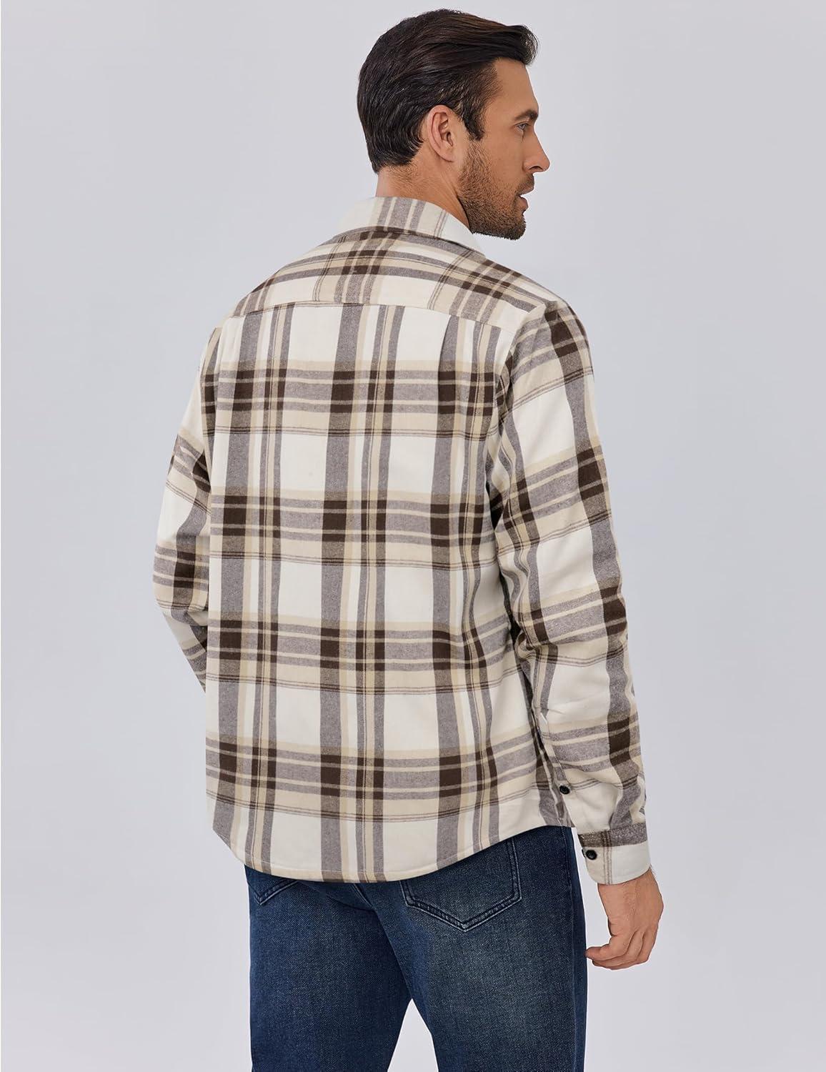 imageCOOFANDY Mens Sherpa Lined Flannel Shirt Jacket Long Sleeve Button Up Fleece Plaid ShirtsDark Brown Grey White Plaid
