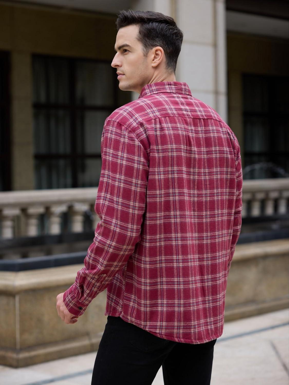 imageCOOFANDY Mens Sherpa Lined Flannel Shirt Jacket Long Sleeve Button Up Fleece Plaid ShirtsDark Red