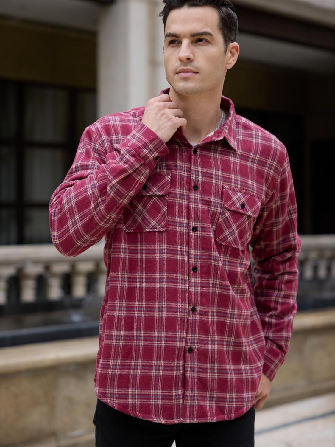 imageCOOFANDY Mens Sherpa Lined Flannel Shirt Jacket Long Sleeve Button Up Fleece Plaid ShirtsDark Red