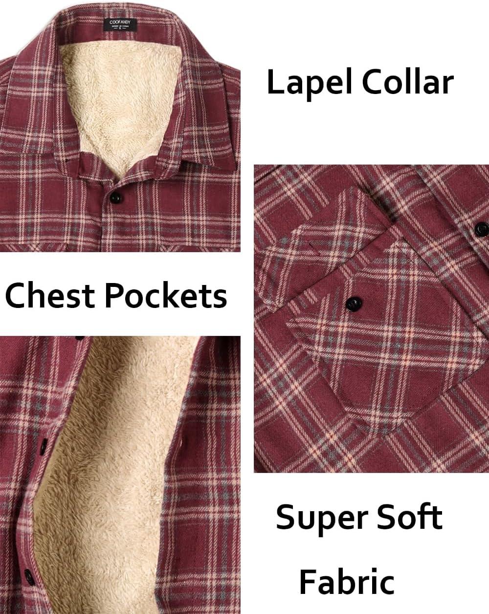 imageCOOFANDY Mens Sherpa Lined Flannel Shirt Jacket Long Sleeve Button Up Fleece Plaid ShirtsDark Red
