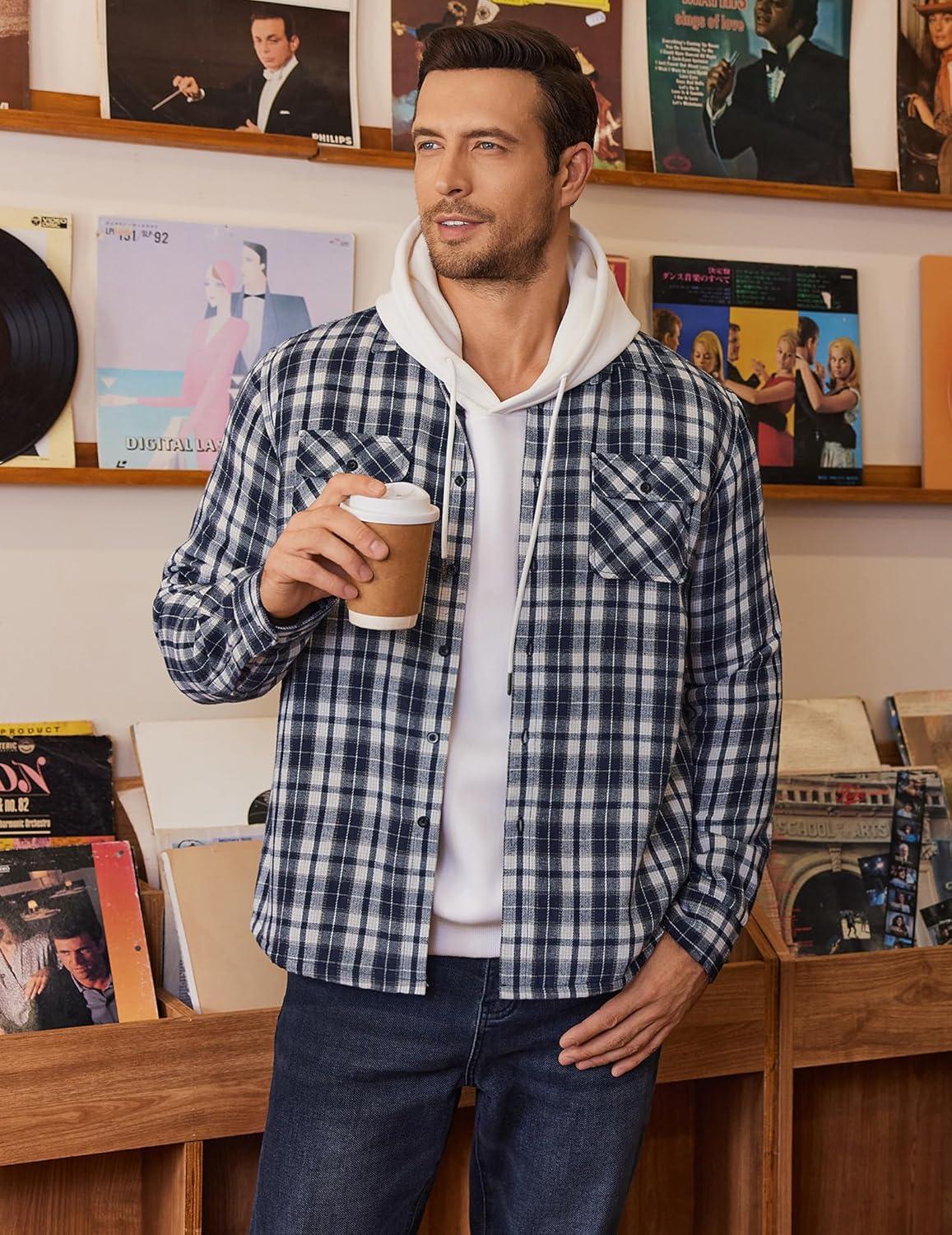 imageCOOFANDY Mens Sherpa Lined Flannel Shirt Jacket Long Sleeve Button Up Fleece Plaid ShirtsNavy White Khaki Plaid