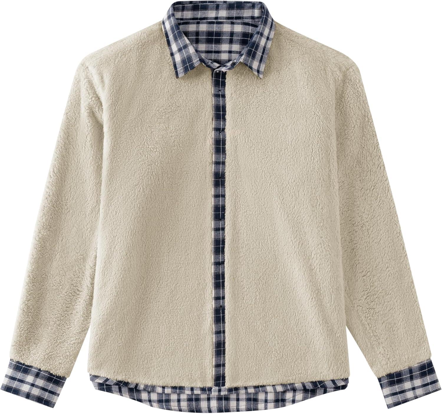 imageCOOFANDY Mens Sherpa Lined Flannel Shirt Jacket Long Sleeve Button Up Fleece Plaid ShirtsNavy White Khaki Plaid