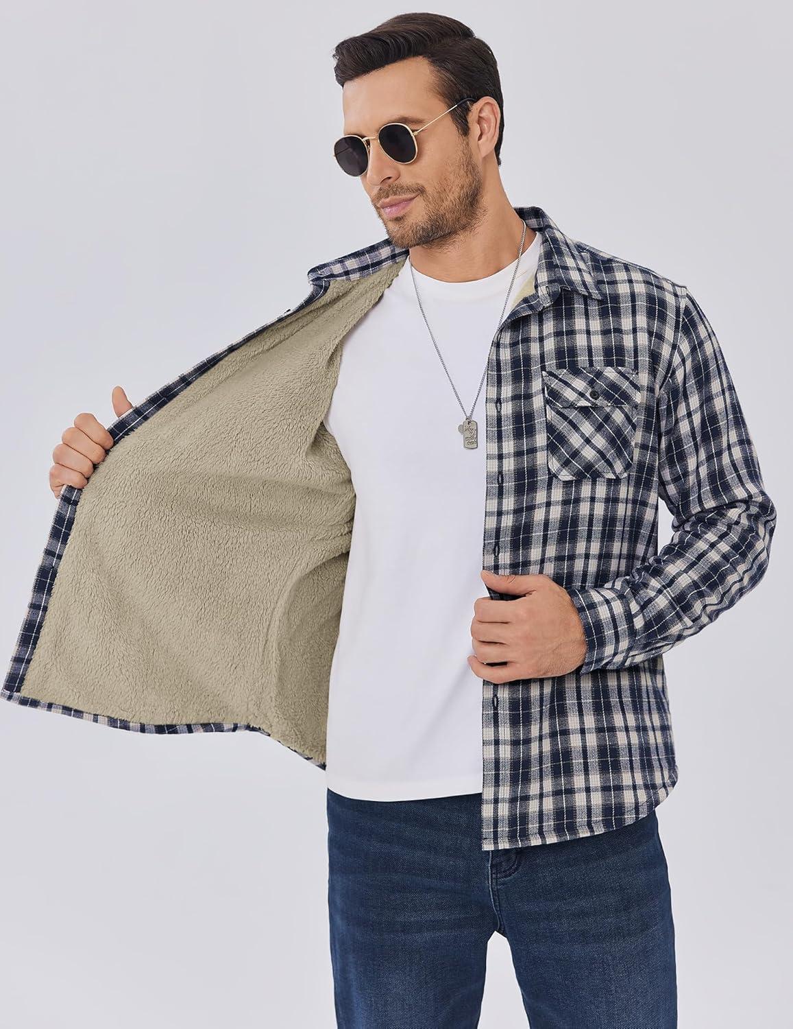 imageCOOFANDY Mens Sherpa Lined Flannel Shirt Jacket Long Sleeve Button Up Fleece Plaid ShirtsNavy White Khaki Plaid