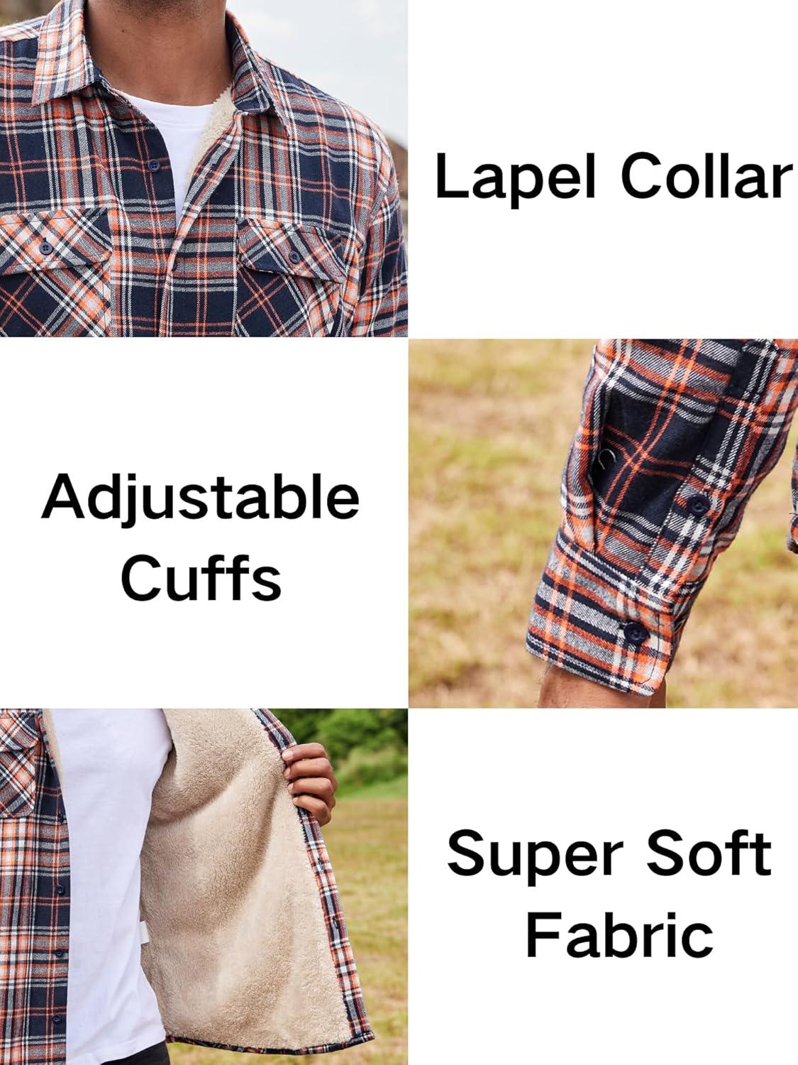 imageCOOFANDY Mens Sherpa Lined Flannel Shirt Jacket Long Sleeve Button Up Fleece Plaid ShirtsNavyOrange
