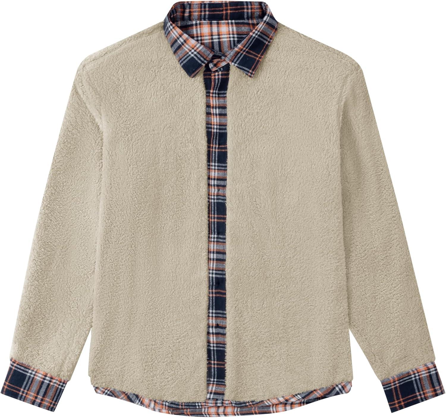 imageCOOFANDY Mens Sherpa Lined Flannel Shirt Jacket Long Sleeve Button Up Fleece Plaid ShirtsNavyOrange