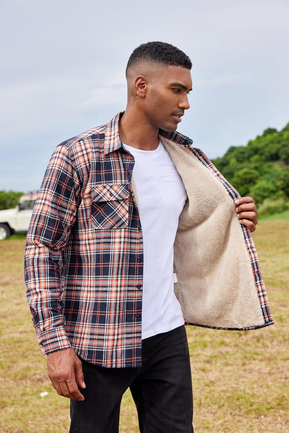 imageCOOFANDY Mens Sherpa Lined Flannel Shirt Jacket Long Sleeve Button Up Fleece Plaid ShirtsNavyOrange