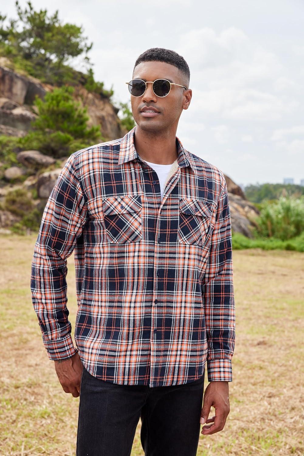 imageCOOFANDY Mens Sherpa Lined Flannel Shirt Jacket Long Sleeve Button Up Fleece Plaid ShirtsNavyOrange