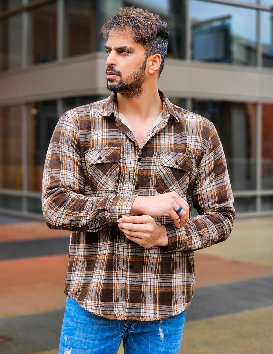 imageCOOFANDY Mens Sherpa Lined Flannel Shirt Jacket Long Sleeve Button Up Fleece Plaid ShirtsOrange
