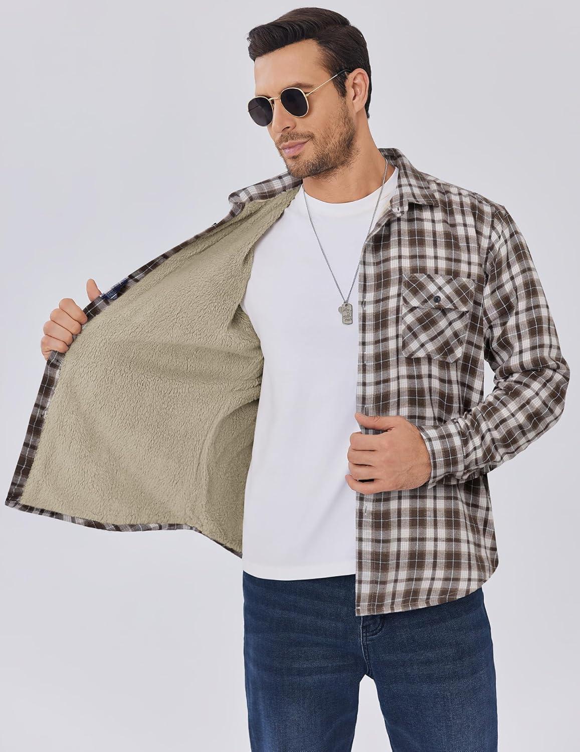 imageCOOFANDY Mens Sherpa Lined Flannel Shirt Jacket Long Sleeve Button Up Fleece Plaid ShirtsWhite Brown Plaid