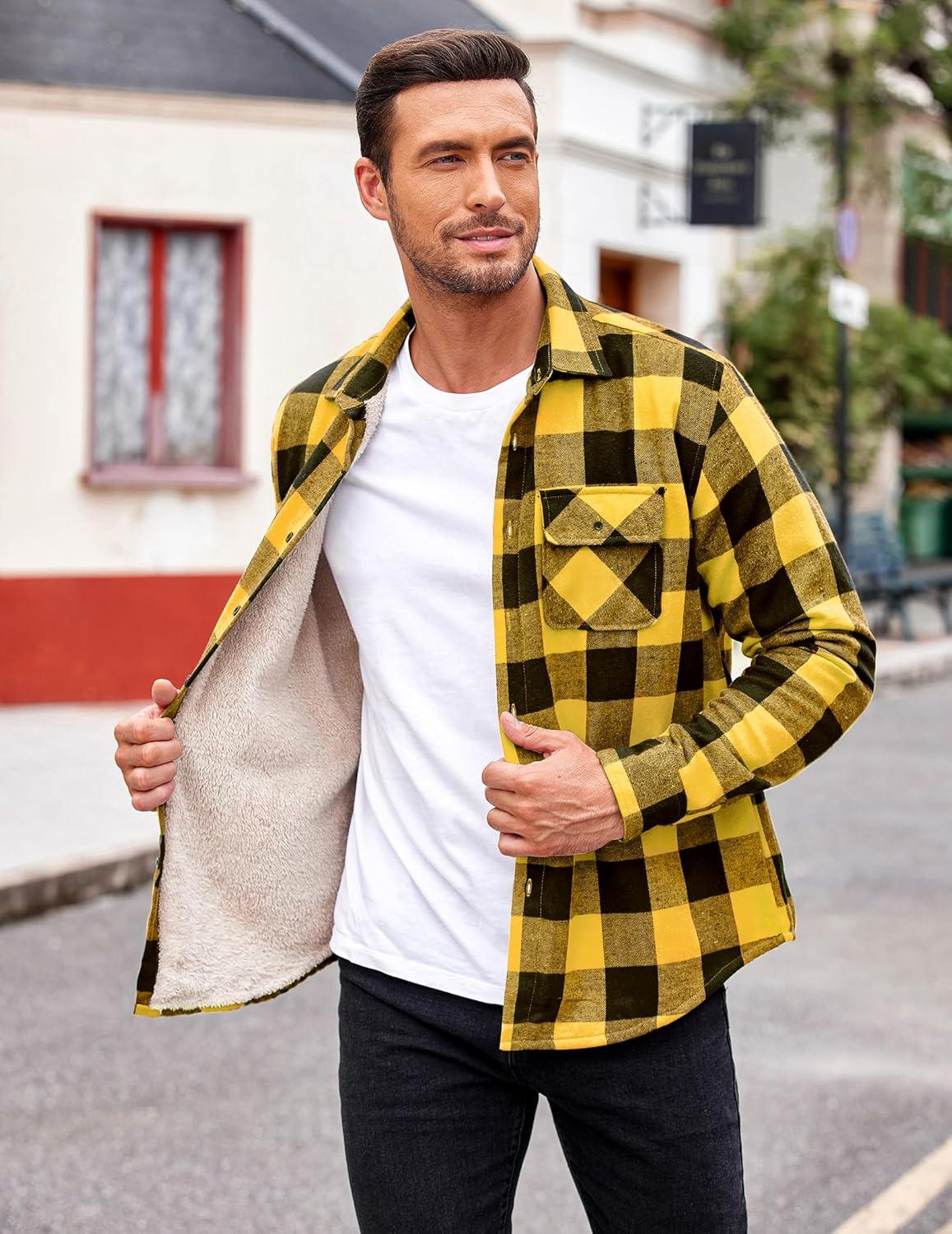 imageCOOFANDY Mens Sherpa Lined Flannel Shirt Jacket Long Sleeve Button Up Fleece Plaid ShirtsYellowBlack