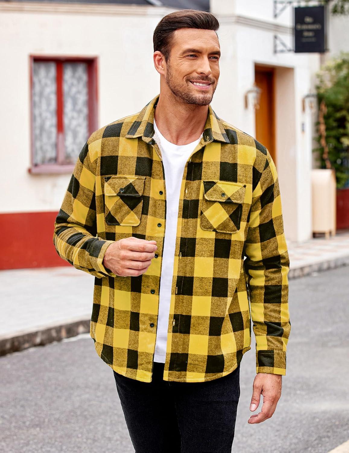 imageCOOFANDY Mens Sherpa Lined Flannel Shirt Jacket Long Sleeve Button Up Fleece Plaid ShirtsYellowBlack