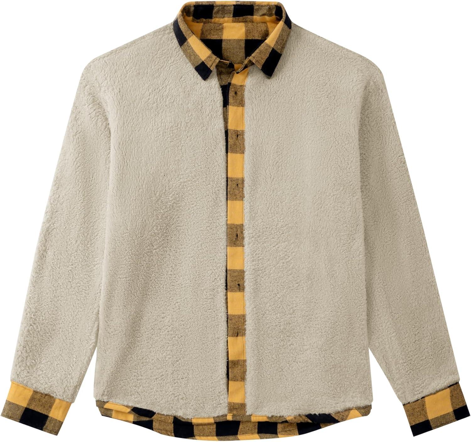 imageCOOFANDY Mens Sherpa Lined Flannel Shirt Jacket Long Sleeve Button Up Fleece Plaid ShirtsYellowBlack