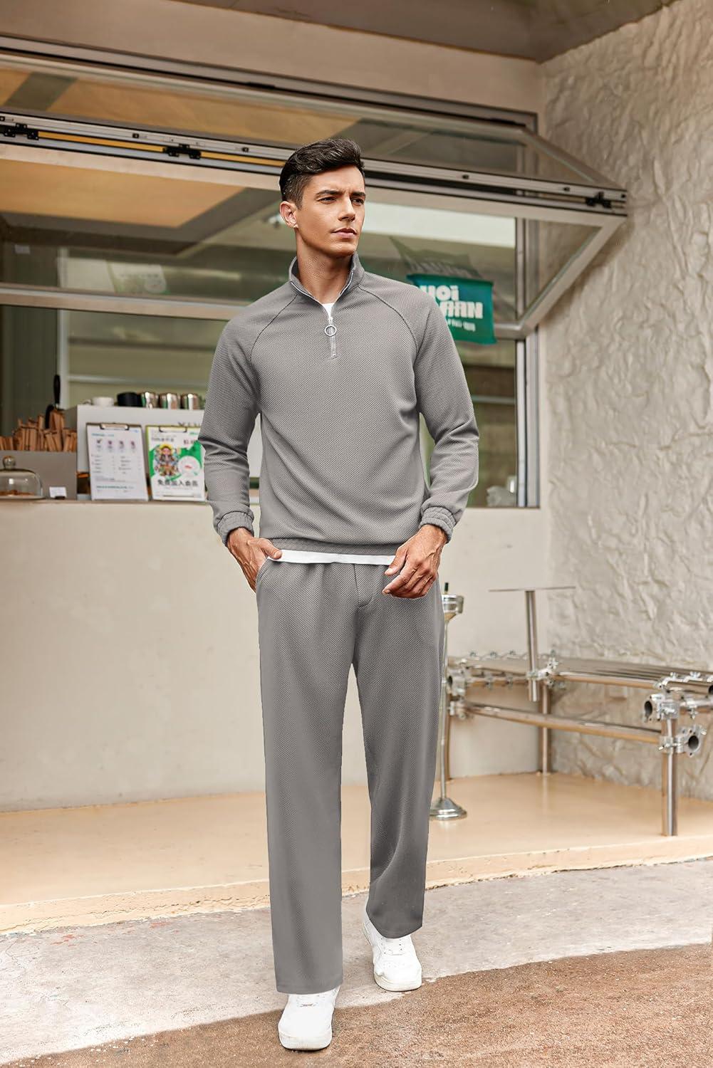 imageCOOFANDY Mens Tracksuit 2 Piece Relaxed Fit Halfzip Sweatsuits Athletic Running Jogging Suit SetsLight Grey