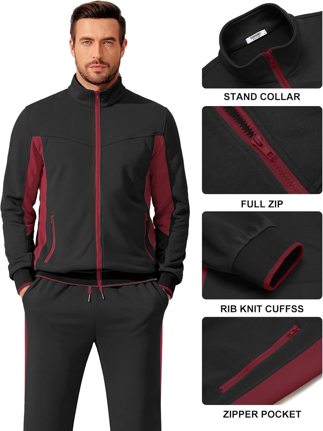 imageCOOFANDY Mens Tracksuits 2 Piece Athletic Track Suit Jogging Running Sweatsuits Casual Warm Full Zip Sports SetBlackwine Red