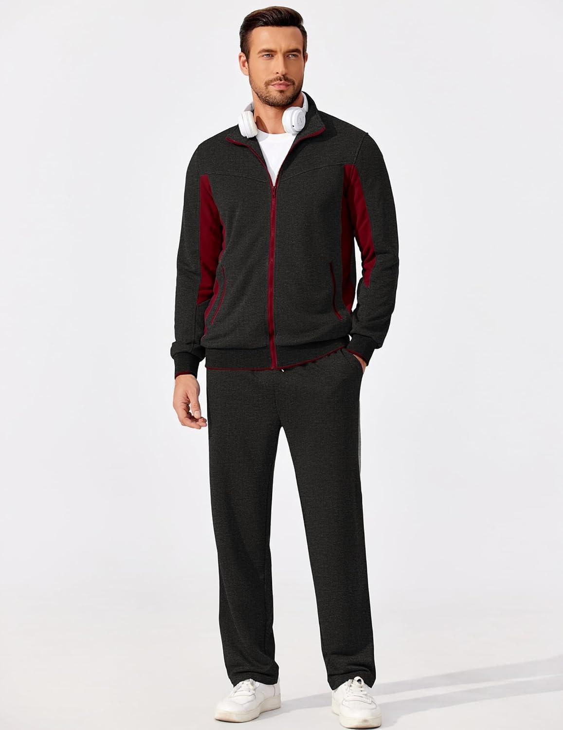 imageCOOFANDY Mens Tracksuits 2 Piece Athletic Track Suit Jogging Running Sweatsuits Casual Warm Full Zip Sports SetDark Greywine Red