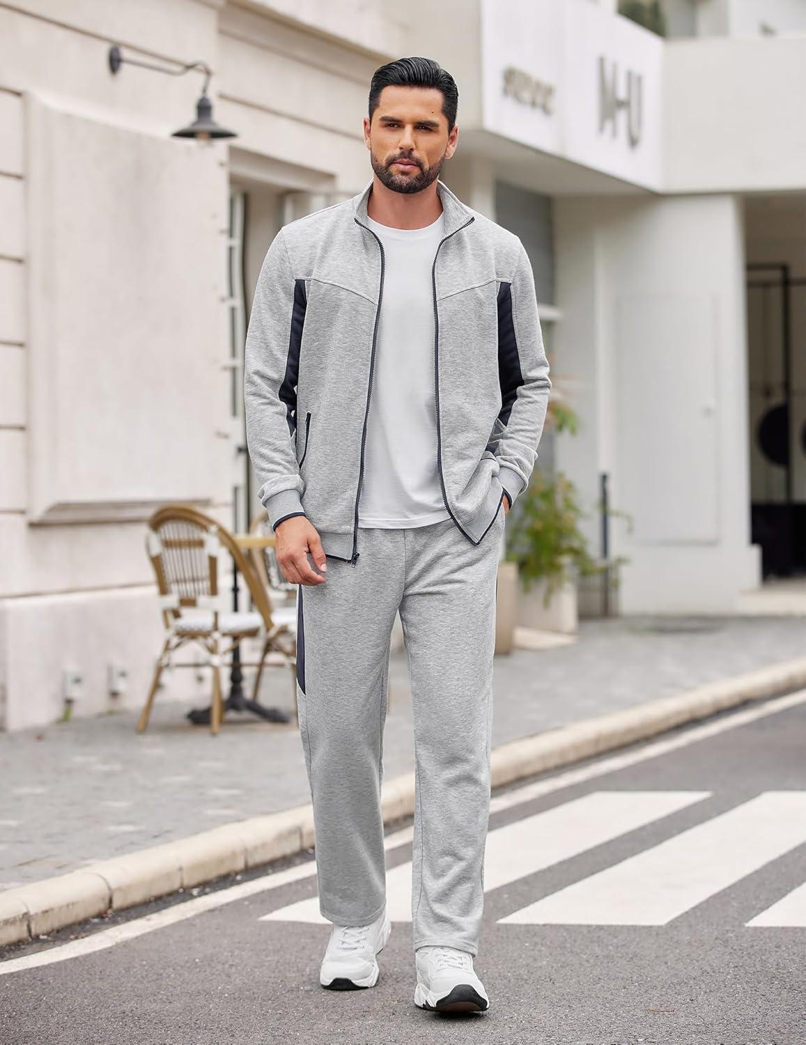 imageCOOFANDY Mens Tracksuits 2 Piece Athletic Track Suit Jogging Running Sweatsuits Casual Warm Full Zip Sports SetLight Greynavy Blue