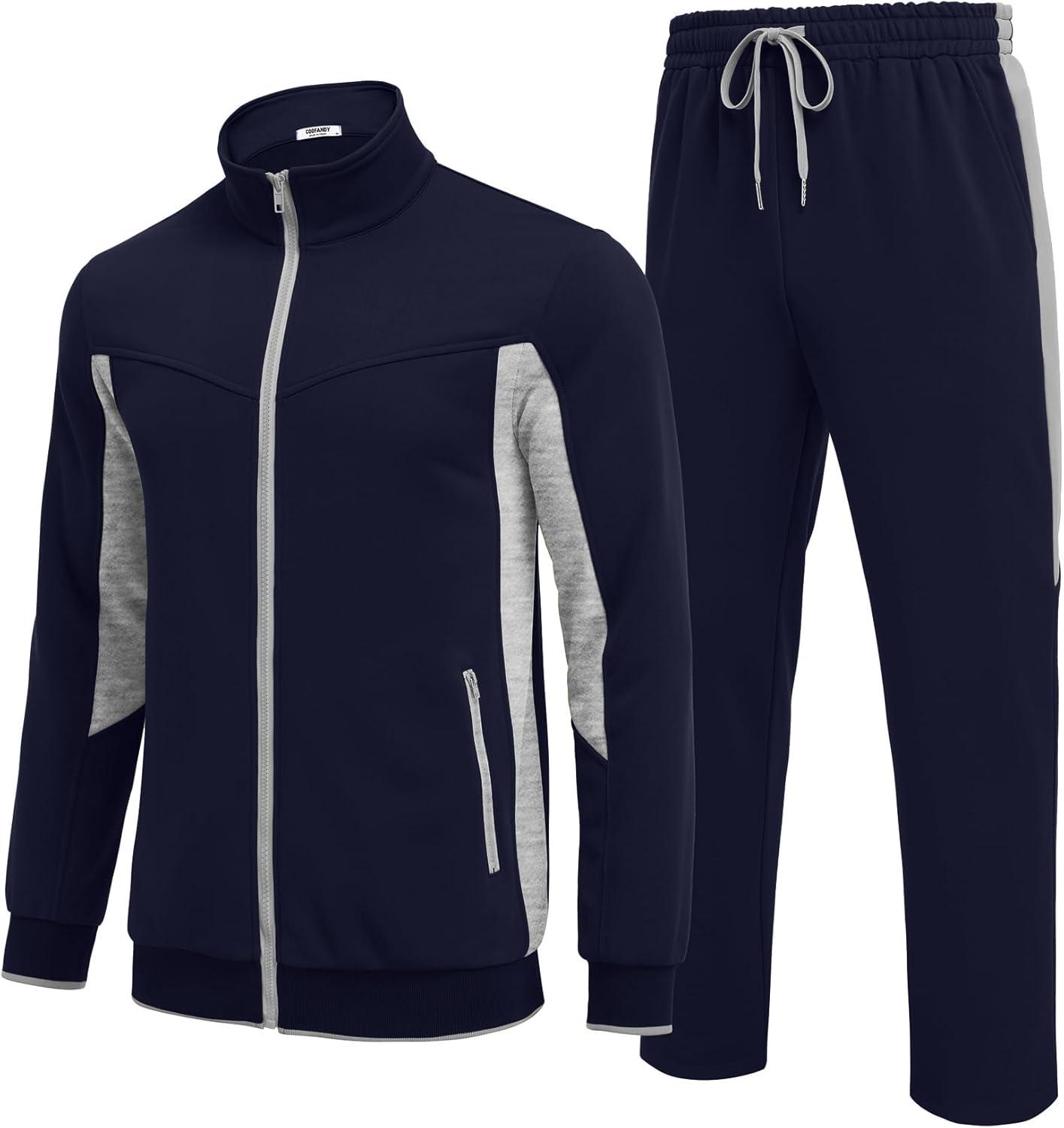 imageCOOFANDY Mens Tracksuits 2 Piece Athletic Track Suit Jogging Running Sweatsuits Casual Warm Full Zip Sports SetNavy Bluelight Grey