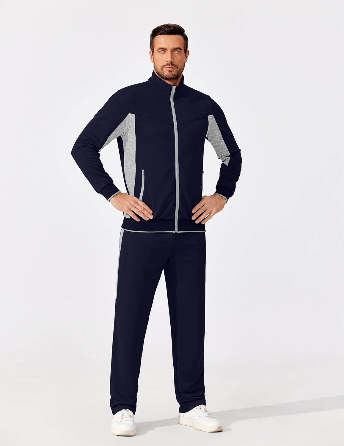 imageCOOFANDY Mens Tracksuits 2 Piece Athletic Track Suit Jogging Running Sweatsuits Casual Warm Full Zip Sports SetNavy Bluelight Grey