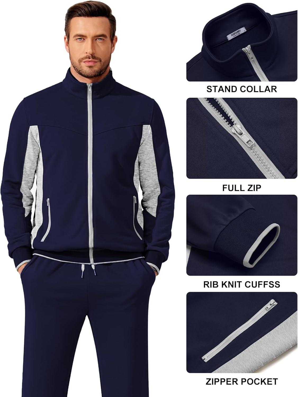imageCOOFANDY Mens Tracksuits 2 Piece Athletic Track Suit Jogging Running Sweatsuits Casual Warm Full Zip Sports SetNavy Bluelight Grey