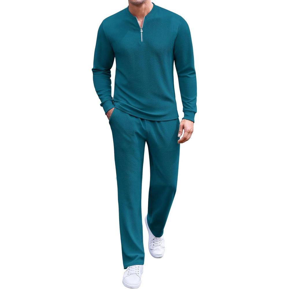 imageCOOFANDY Mens 2 Piece Tracksuit Set Polo Athletic Sweatsuit Quarter Zip Jogging Long Sleeve Casual Sports OutfitsDenim Blue