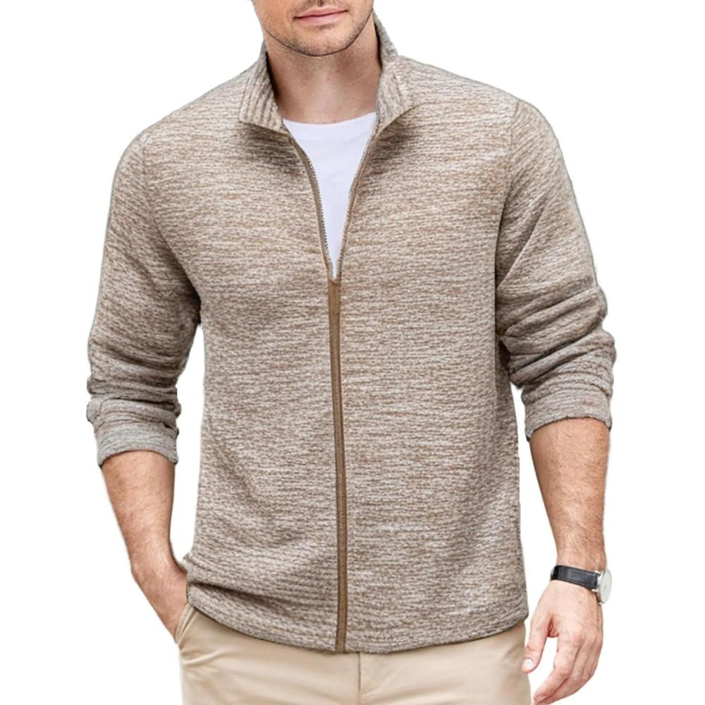 imageCOOFANDY Mens Fleece Jacket Zip Up Lightweight Sweater Jackets Casual Warm with Pockets for Home Office HikingKhaki