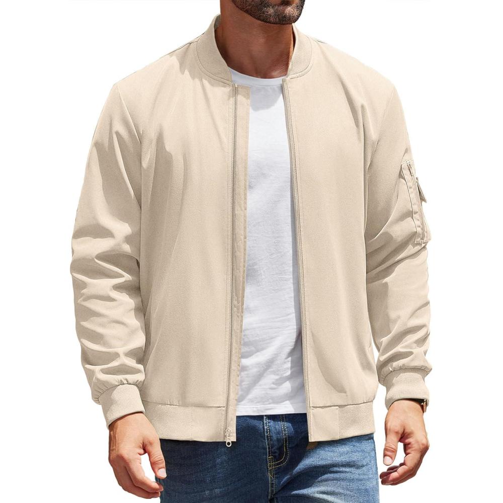 imageCOOFANDY Mens Lightweight Bomber Jackets Casual Spring Fall Windbreaker Jacket Light Zip Up Coat With PocketLight Khaki