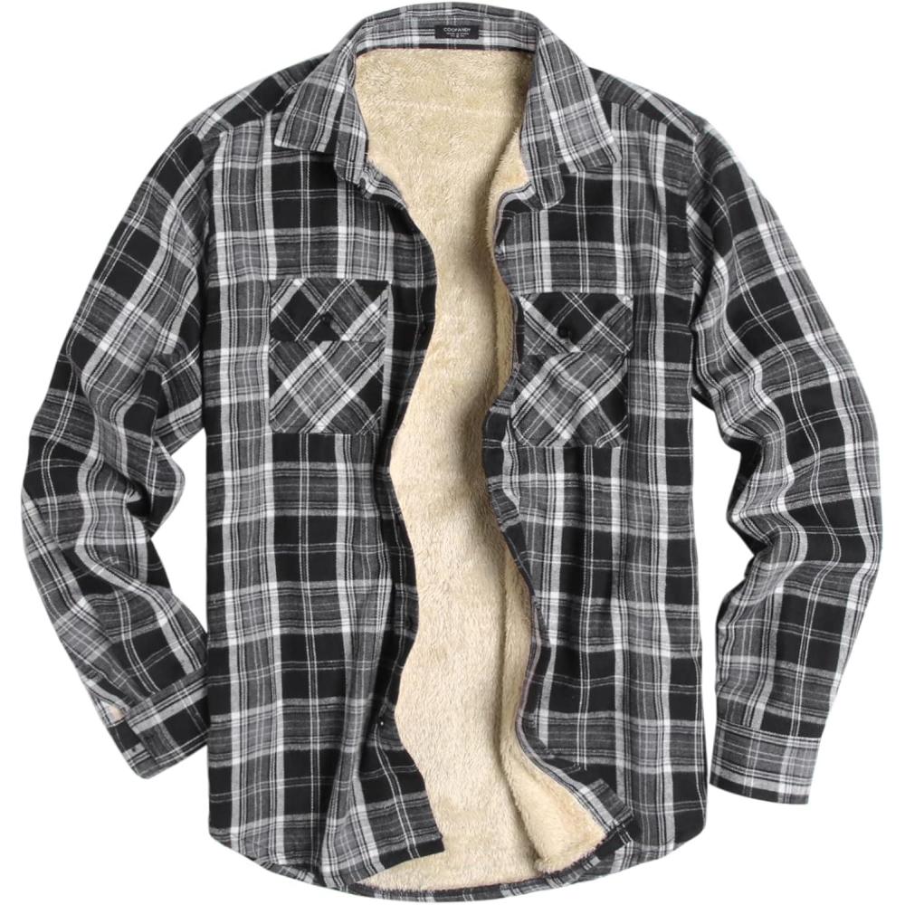 imageCOOFANDY Mens Sherpa Lined Flannel Shirt Jacket Long Sleeve Button Up Fleece Plaid ShirtsBlack