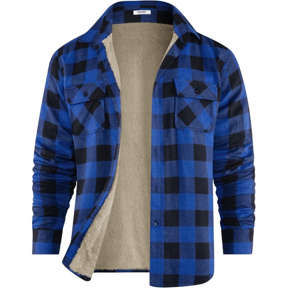 imageCOOFANDY Mens Sherpa Lined Flannel Shirt Jacket Long Sleeve Button Up Fleece Plaid ShirtsBlueBlack