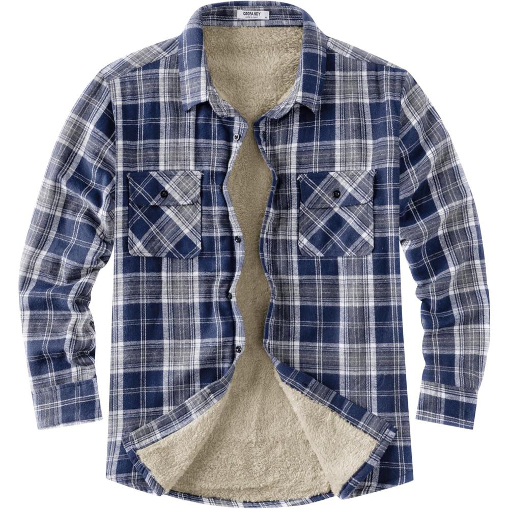 imageCOOFANDY Mens Sherpa Lined Flannel Shirt Jacket Long Sleeve Button Up Fleece Plaid ShirtsDark Blue