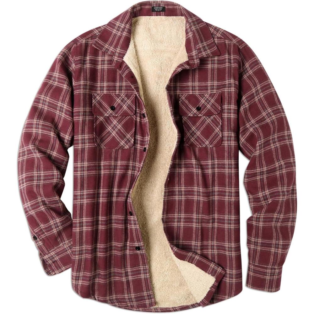 imageCOOFANDY Mens Sherpa Lined Flannel Shirt Jacket Long Sleeve Button Up Fleece Plaid ShirtsDark Red