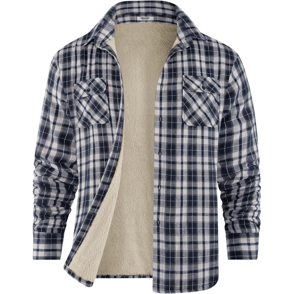 imageCOOFANDY Mens Sherpa Lined Flannel Shirt Jacket Long Sleeve Button Up Fleece Plaid ShirtsNavy White Khaki Plaid