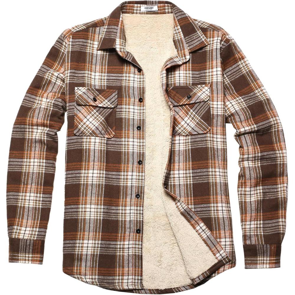 imageCOOFANDY Mens Sherpa Lined Flannel Shirt Jacket Long Sleeve Button Up Fleece Plaid ShirtsOrange