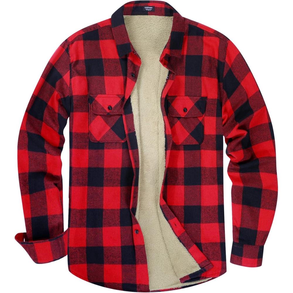 imageCOOFANDY Mens Sherpa Lined Flannel Shirt Jacket Long Sleeve Button Up Fleece Plaid ShirtsRedBlack