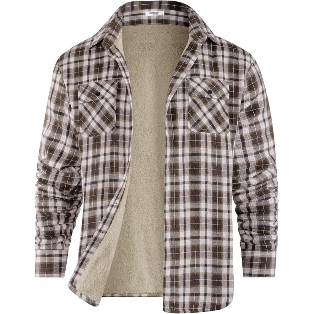 imageCOOFANDY Mens Sherpa Lined Flannel Shirt Jacket Long Sleeve Button Up Fleece Plaid ShirtsWhite Brown Plaid