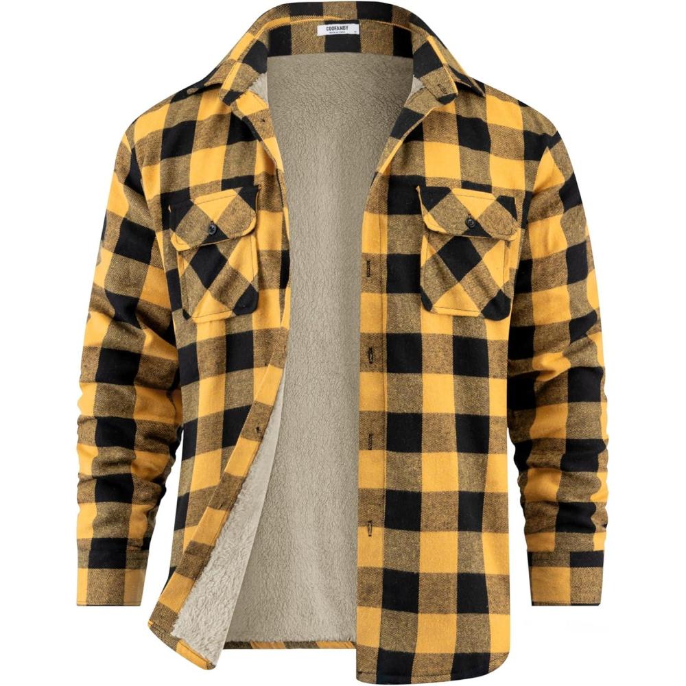imageCOOFANDY Mens Sherpa Lined Flannel Shirt Jacket Long Sleeve Button Up Fleece Plaid ShirtsYellowBlack