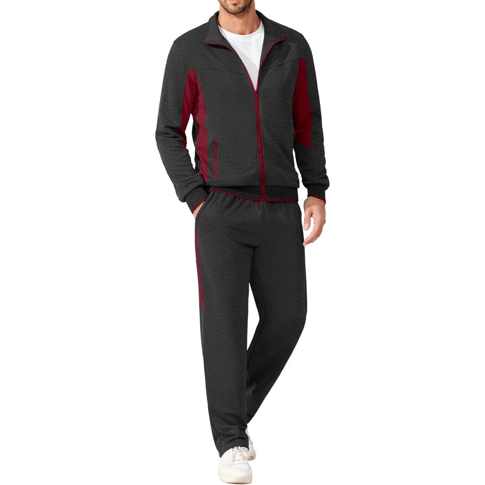 imageCOOFANDY Mens Tracksuits 2 Piece Athletic Track Suit Jogging Running Sweatsuits Casual Warm Full Zip Sports SetDark Greywine Red