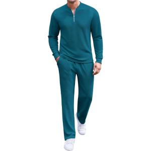 imageCOOFANDY Mens 2 Piece Tracksuit Set Polo Athletic Sweatsuit Quarter Zip Jogging Long Sleeve Casual Sports OutfitsDenim Blue