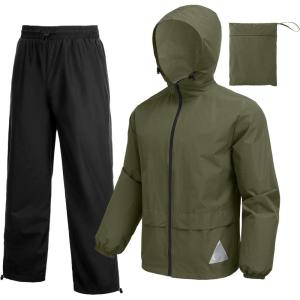 imageCOOFANDY Mens Rain Suit 2 Piece Waterproof Breathable Rain Gear Lightweight Rain Jacket Pants Rainwear SuitArmy GreenBlack
