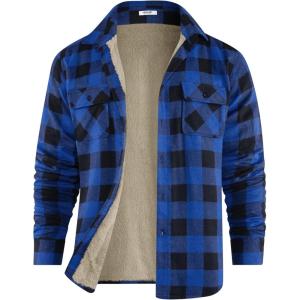 imageCOOFANDY Mens Sherpa Lined Flannel Shirt Jacket Long Sleeve Button Up Fleece Plaid ShirtsBlueBlack