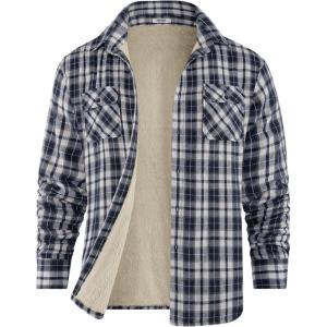 imageCOOFANDY Mens Sherpa Lined Flannel Shirt Jacket Long Sleeve Button Up Fleece Plaid ShirtsNavy White Khaki Plaid