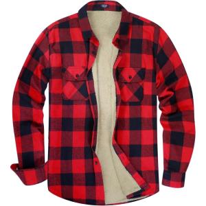 imageCOOFANDY Mens Sherpa Lined Flannel Shirt Jacket Long Sleeve Button Up Fleece Plaid ShirtsRedBlack