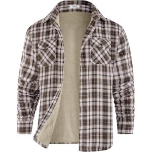 imageCOOFANDY Mens Sherpa Lined Flannel Shirt Jacket Long Sleeve Button Up Fleece Plaid ShirtsWhite Brown Plaid