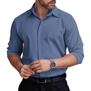 imageCOOFANDY Mens Formal Dress Shirt Hidden Button Front Wrinkle Free Shirt Regular Fit Stretch Business Casual ShirtsDenim Blue