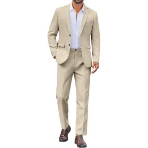 imageCOOFANDY Mens Suit 2 Piece Suit Classic Fit Two Button Blazer Jacket Pants Set Business Wedding Party Suits for MenLight Khaki
