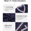 imageCOOFANDY Mens V Neck Sweater Long Sleeve Cable Knit Sweater Fall Winter Pullover Slim Fit Stretchy Fabric Preppy StyleNavy Blue