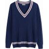 imageCOOFANDY Mens V Neck Sweater Long Sleeve Cable Knit Sweater Fall Winter Pullover Slim Fit Stretchy Fabric Preppy StyleNavy Blue
