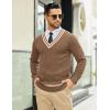 imageCOOFANDY Mens V Neck Sweater Long Sleeve Cable Knit Sweater Fall Winter Pullover Slim Fit Stretchy Fabric Preppy StyleOak Brown