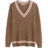 imageCOOFANDY Mens V Neck Sweater Long Sleeve Cable Knit Sweater Fall Winter Pullover Slim Fit Stretchy Fabric Preppy StyleOak Brown