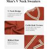 imageCOOFANDY Mens V Neck Sweater Long Sleeve Cable Knit Sweater Fall Winter Pullover Slim Fit Stretchy Fabric Preppy StylePumpkin